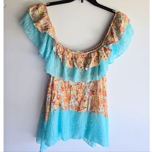 Sugarfox Floral Off-Shoulder Ruffle Top, M, Blue/Peach